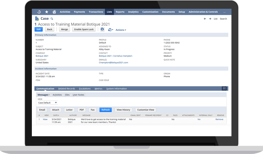 NetSuite cases dashboard