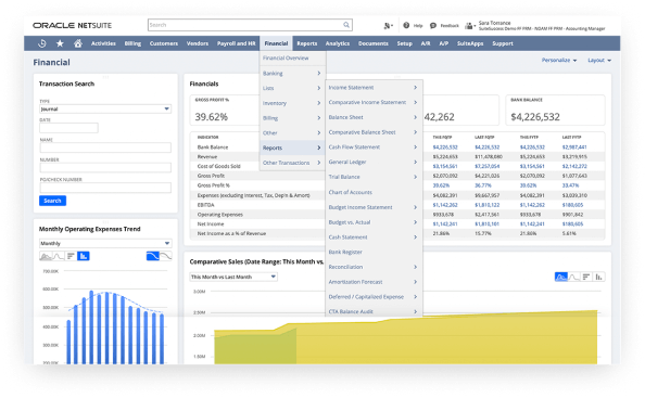 Panel financiero de NetSuite que muestra diferentes opciones de informes financieros | Dashboard Financiero para NetSuite Contabilidad Online