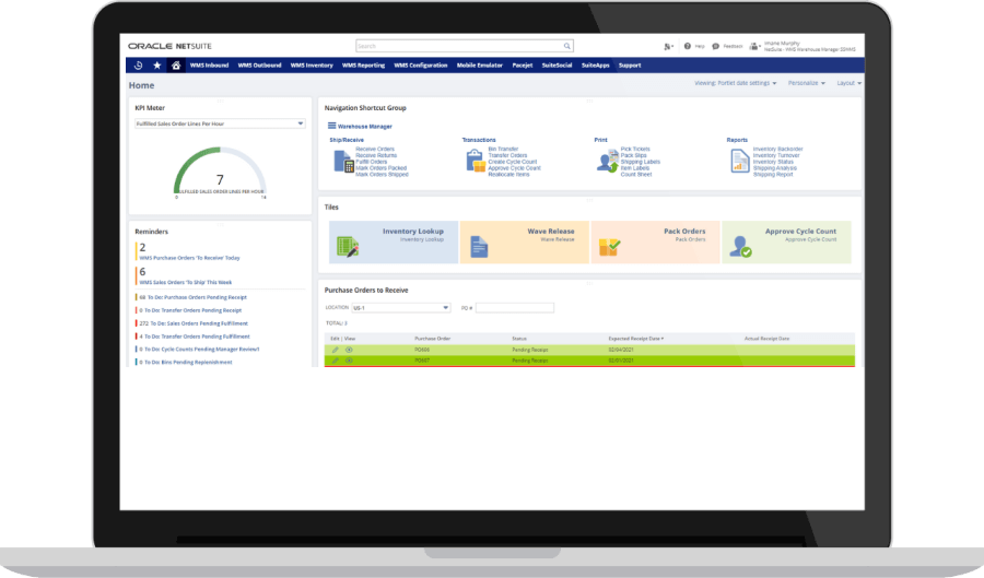 NetSuite warehouse management dashboard